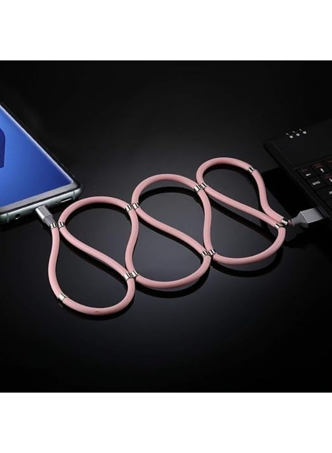 كيبل شحن مغناطيسي USB A الى لايتنينج لنقل الطاقة بسرعة بدون تشابك بتصميم مرن سهل التخزين ملفوف ملفوف موصل متين شحن ثابت متوافق مع ايفون (وردي) - Image 2